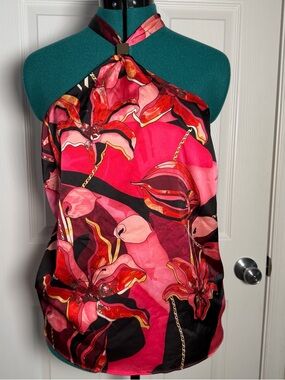 Bold Pink Gold Floral Halter Satin Tie Neck Backless Y2K Party Blouse Statement